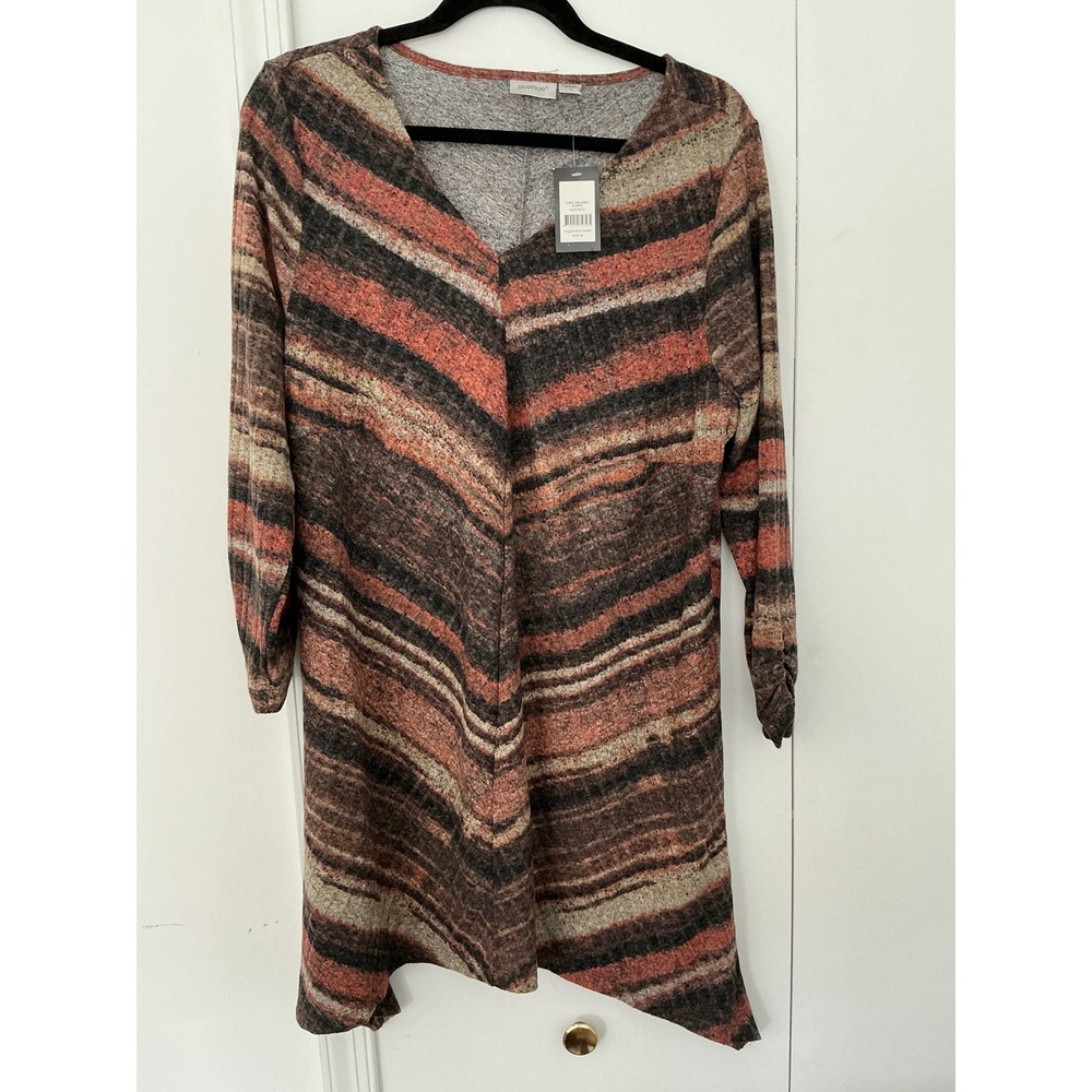 Avenue Tunic Delaney Stripe Spice Combo Ribbed Knit V-Neck Sharkbite Top 16 NEW